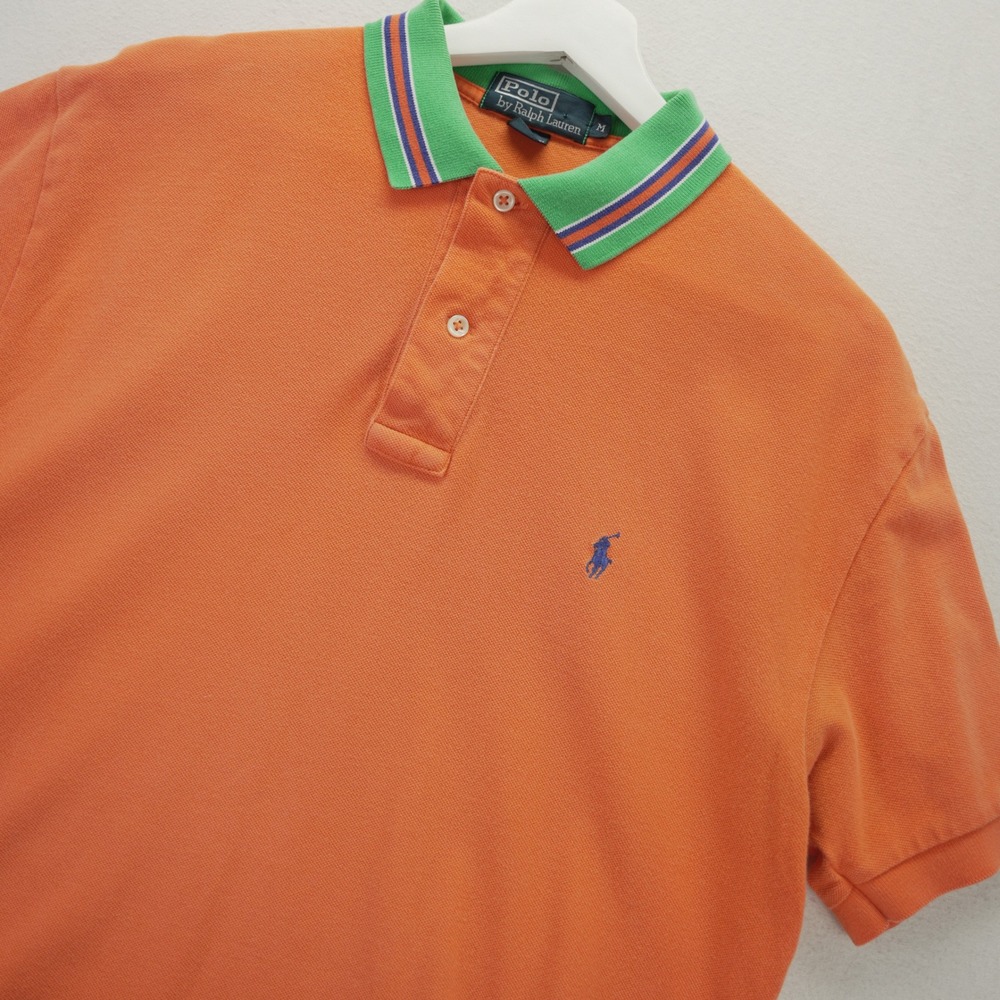 Polo Ralph Lauren Mens Orange Striped Green Collar Pique Polo Shirt Size M